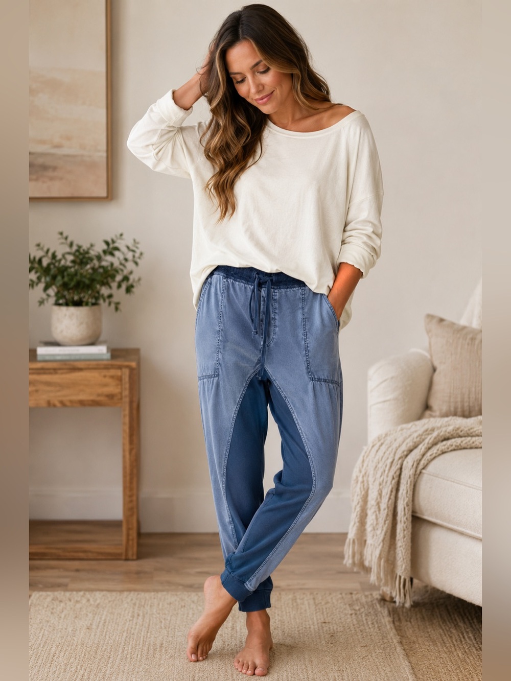 Sundance Faded Blue Two-Tone Pull-On Pants W/Pockets Size PL Comfy Lounge